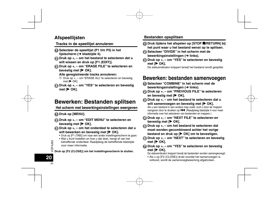 Bewerken: bestanden splitsen, Bewerken: bestanden samenvoegen, Afspeellijsten | Panasonic RRXS420E User Manual | Page 20 / 226