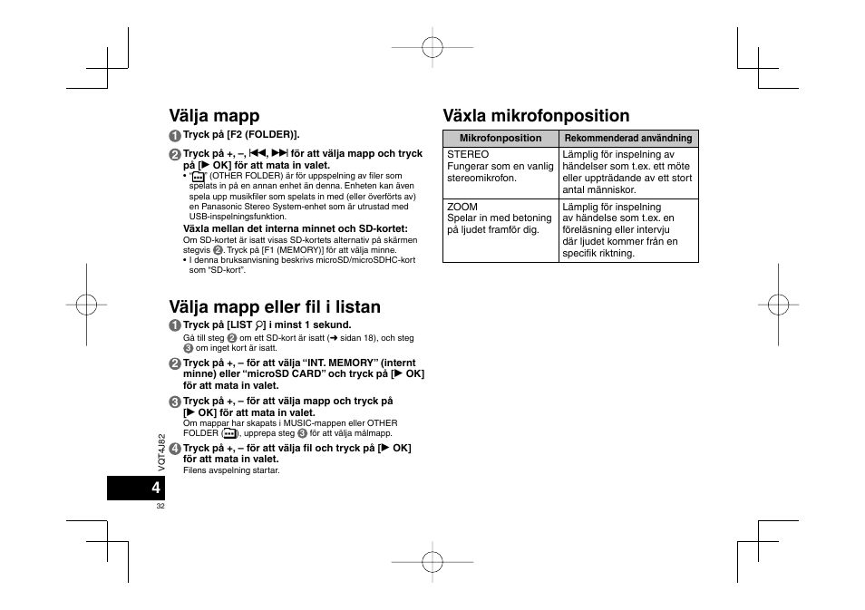 Välja mapp, Välja mapp eller fi l i listan, Växla mikrofonposition | Panasonic RRXS420E User Manual | Page 32 / 226