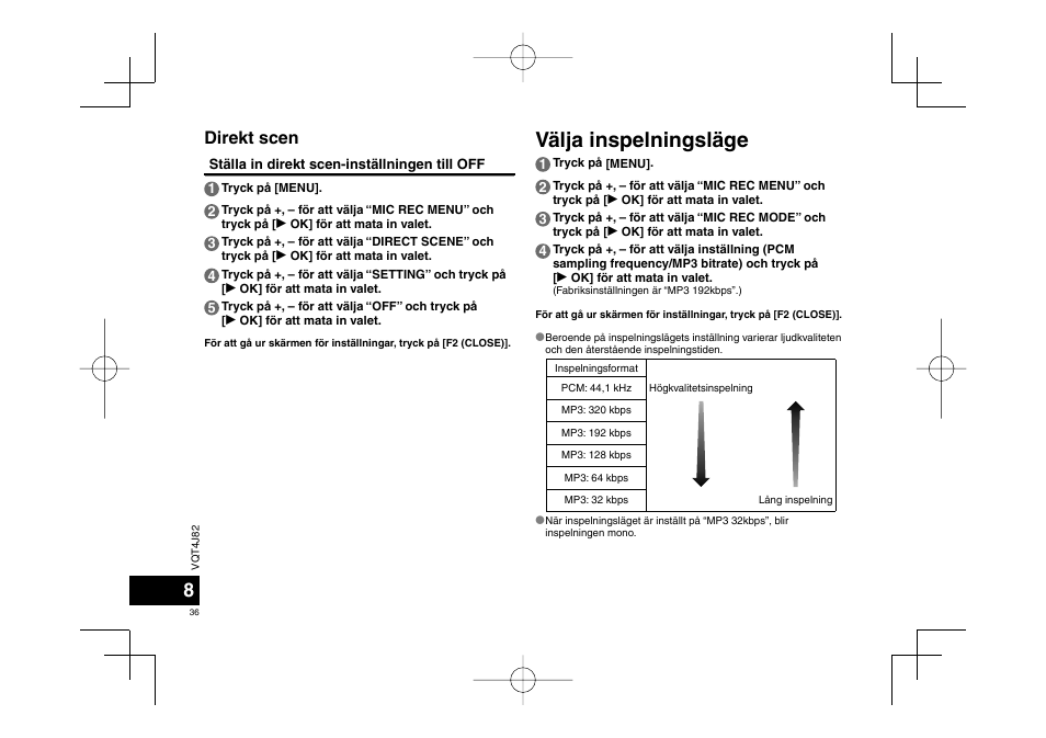 Välja inspelningsläge, Direkt scen | Panasonic RRXS420E User Manual | Page 36 / 226