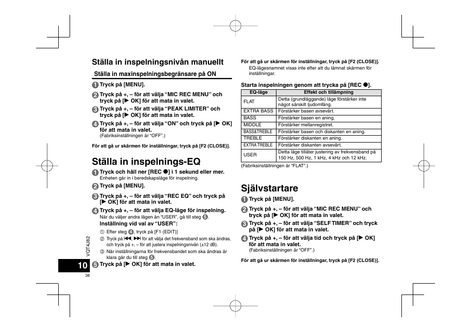 Självstartare, Ställa in inspelnings-eq, Ställa in inspelningsnivån manuellt | Panasonic RRXS420E User Manual | Page 38 / 226