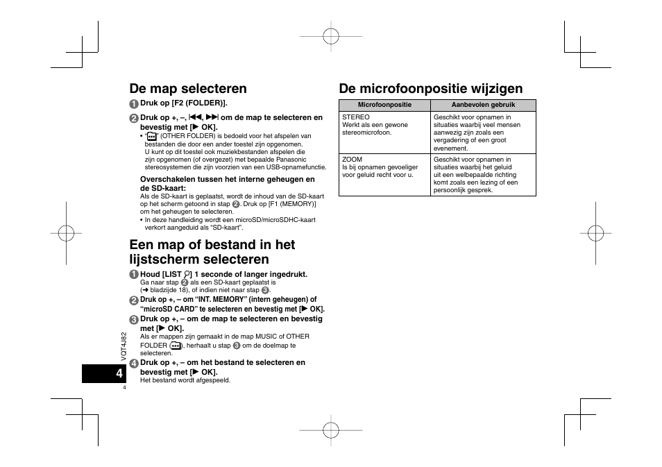 De map selecteren, Een map of bestand in het lijstscherm selecteren, De microfoonpositie wijzigen | Panasonic RRXS420E User Manual | Page 4 / 226