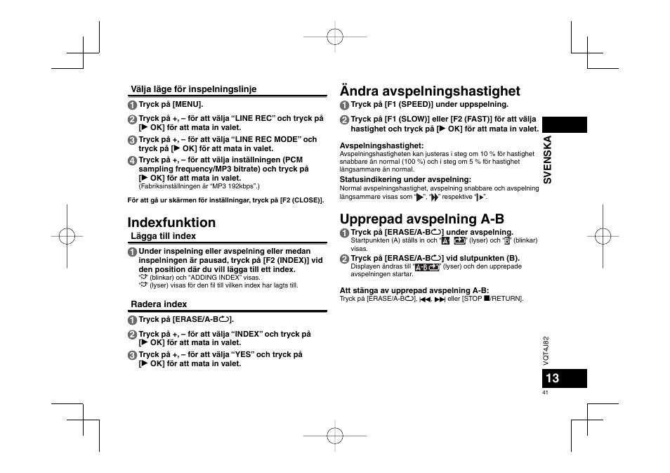 Ändra avspelningshastighet upprepad avspelning a-b, Indexfunktion | Panasonic RRXS420E User Manual | Page 41 / 226