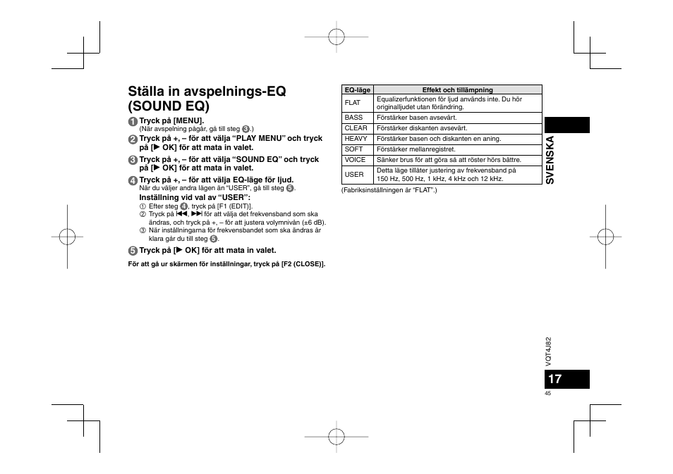 Ställa in avspelnings-eq (sound eq), Svenska | Panasonic RRXS420E User Manual | Page 45 / 226