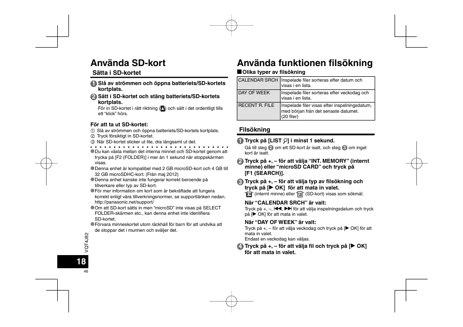 Använda funktionen fi lsökning, Använda sd-kort | Panasonic RRXS420E User Manual | Page 46 / 226