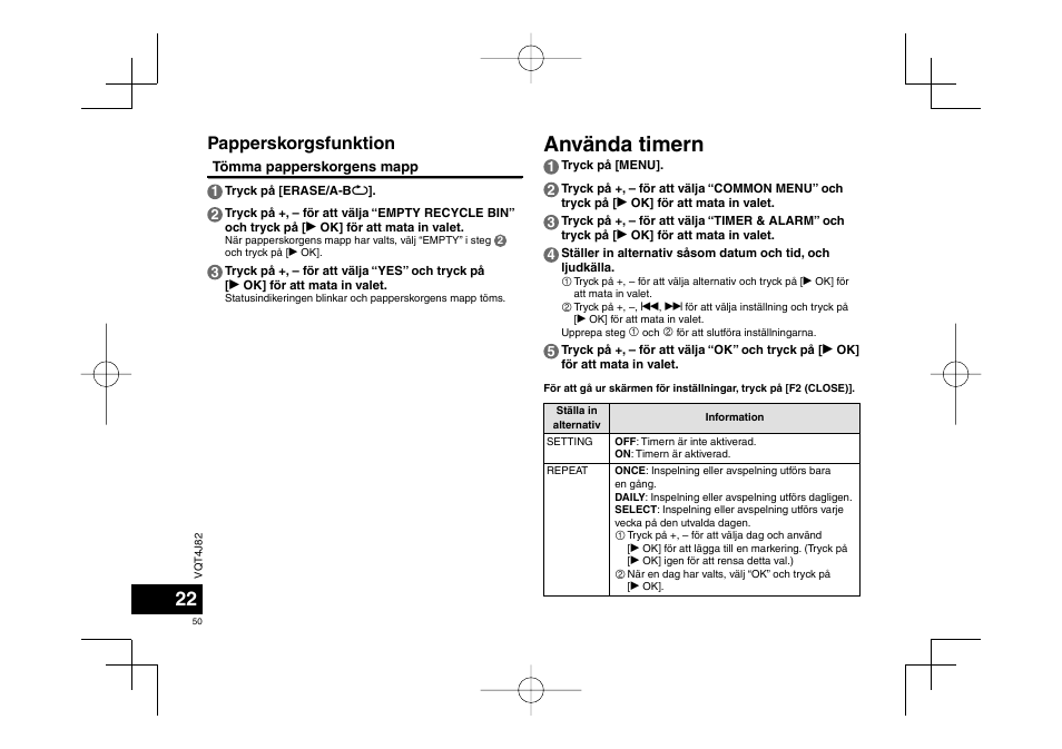 Använda timern, Papperskorgsfunktion | Panasonic RRXS420E User Manual | Page 50 / 226