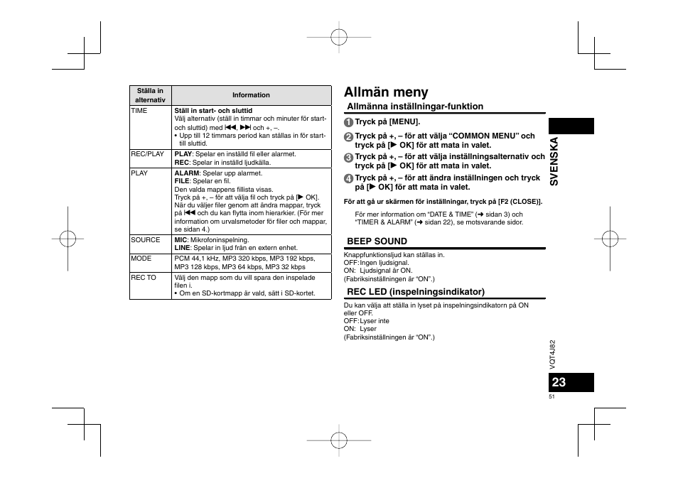 Allmän meny, Svenska | Panasonic RRXS420E User Manual | Page 51 / 226