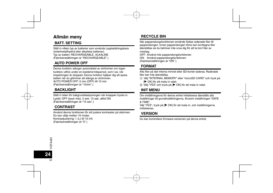 Allmän meny | Panasonic RRXS420E User Manual | Page 52 / 226