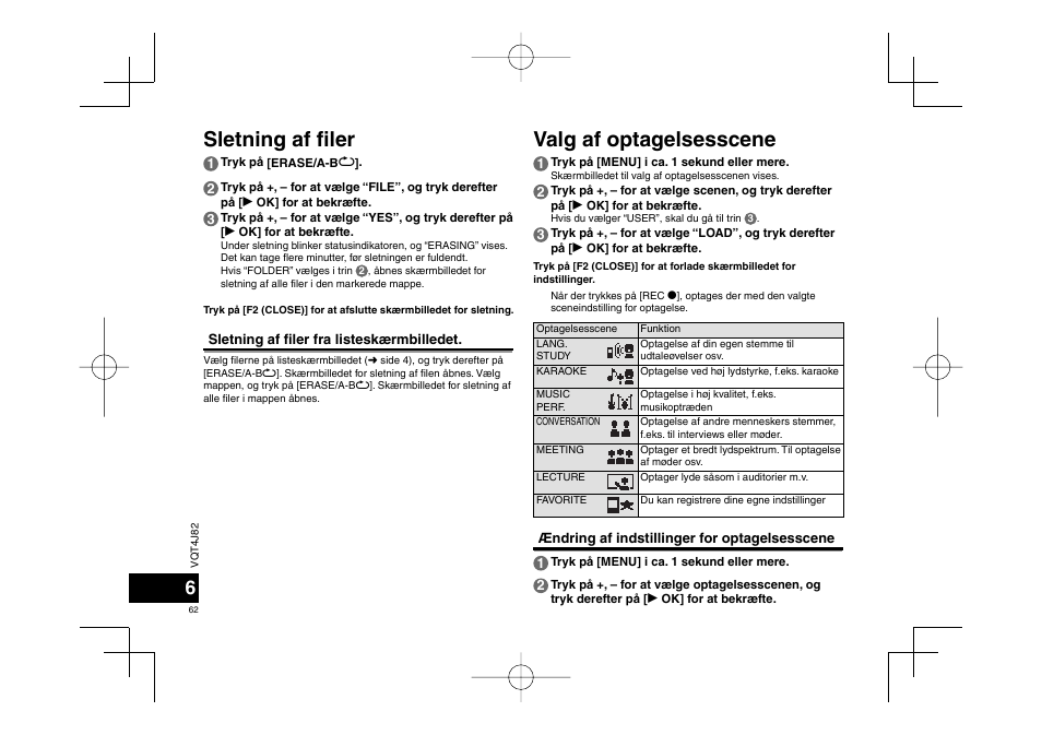 Sletning af fi ler, Valg af optagelsesscene | Panasonic RRXS420E User Manual | Page 62 / 226