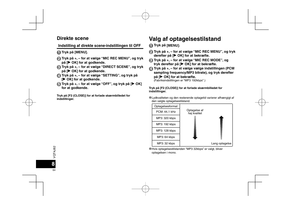 Valg af optagelsestilstand, Direkte scene | Panasonic RRXS420E User Manual | Page 64 / 226