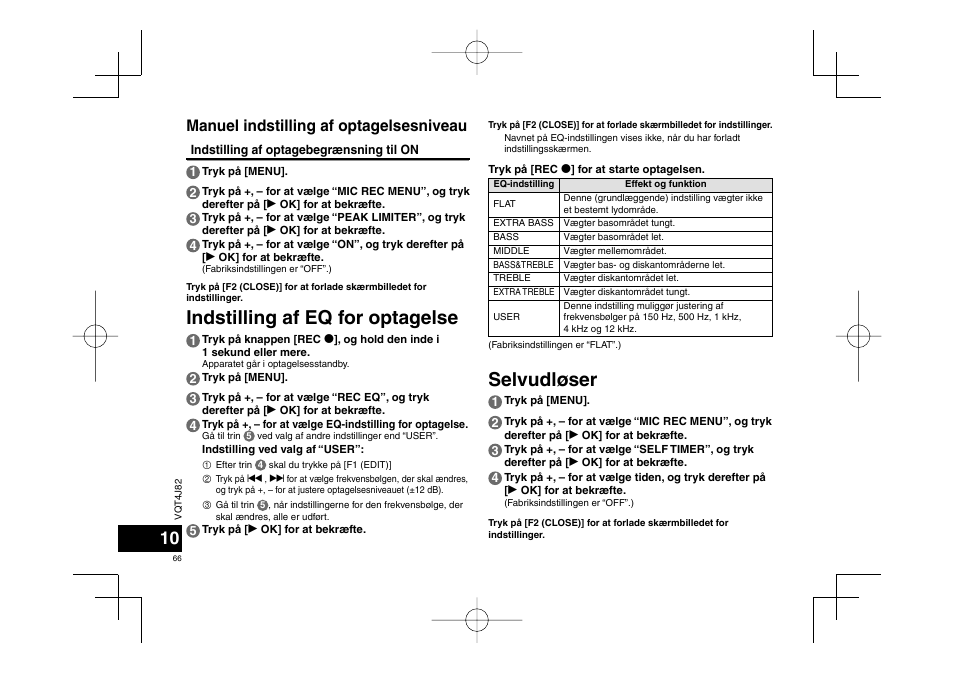 Selvudløser, Indstilling af eq for optagelse, Manuel indstilling af optagelsesniveau | Panasonic RRXS420E User Manual | Page 66 / 226