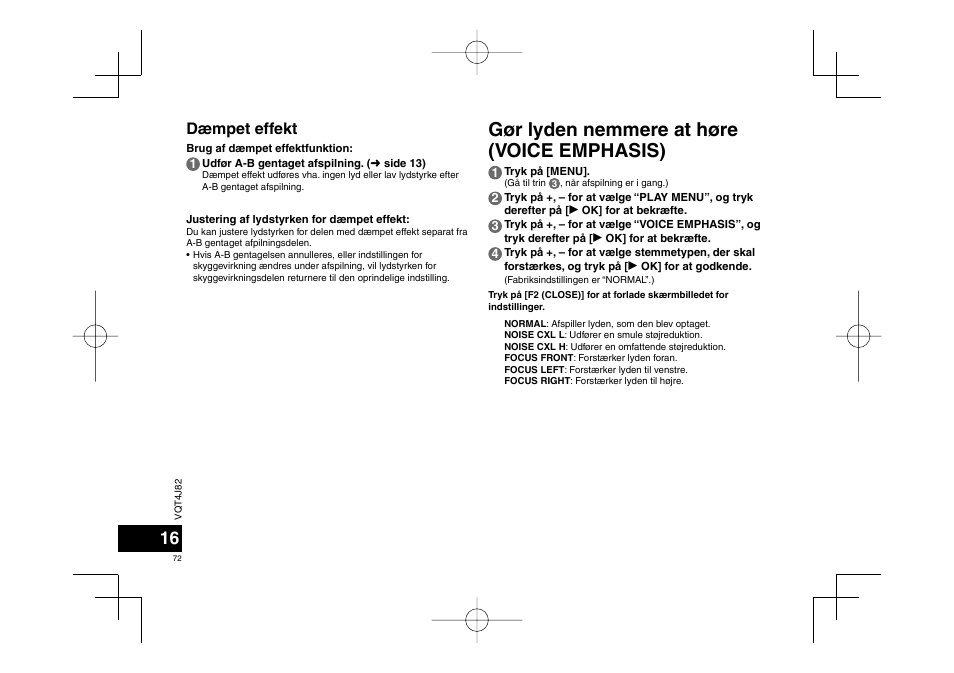 Gør lyden nemmere at høre (voice emphasis), Dæmpet effekt | Panasonic RRXS420E User Manual | Page 72 / 226