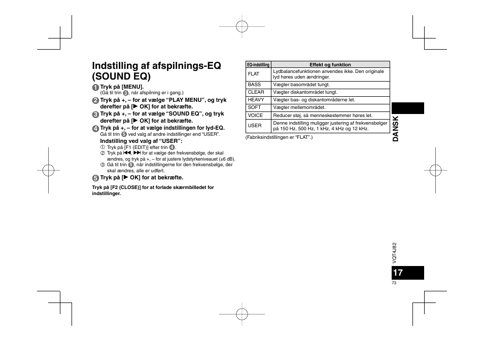 Indstilling af afspilnings-eq (sound eq), Dansk | Panasonic RRXS420E User Manual | Page 73 / 226