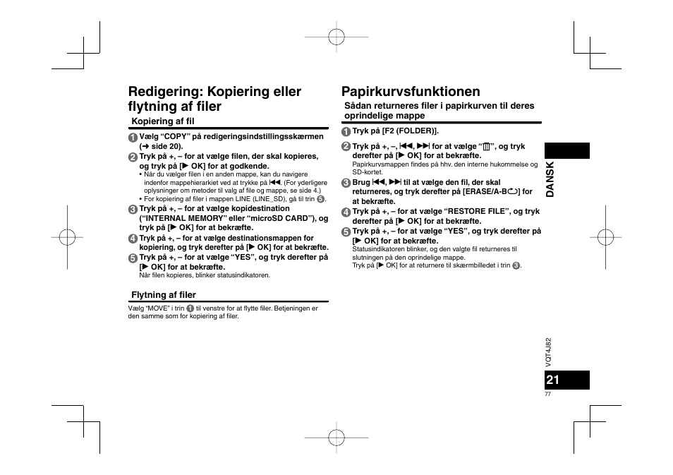 Redigering: kopiering eller fl ytning af fi ler, Papirkurvsfunktionen | Panasonic RRXS420E User Manual | Page 77 / 226