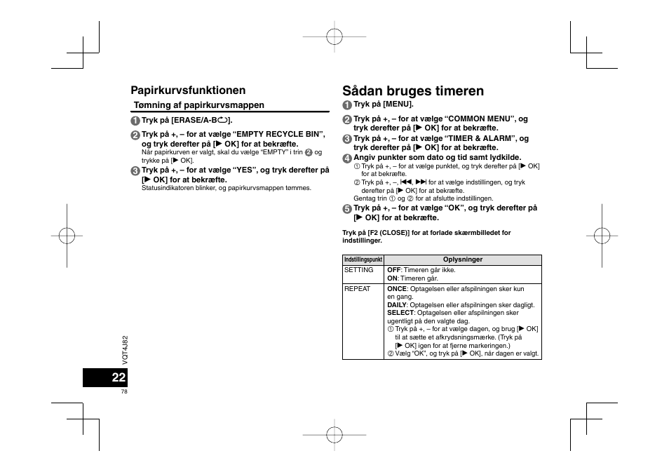 Sådan bruges timeren, Papirkurvsfunktionen | Panasonic RRXS420E User Manual | Page 78 / 226