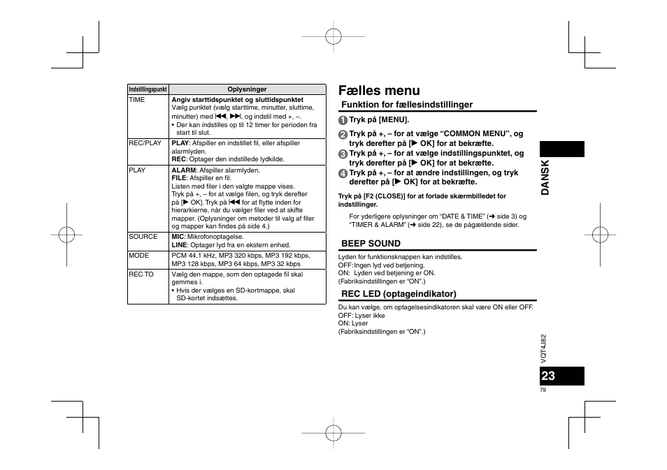 Fælles menu, Dansk | Panasonic RRXS420E User Manual | Page 79 / 226