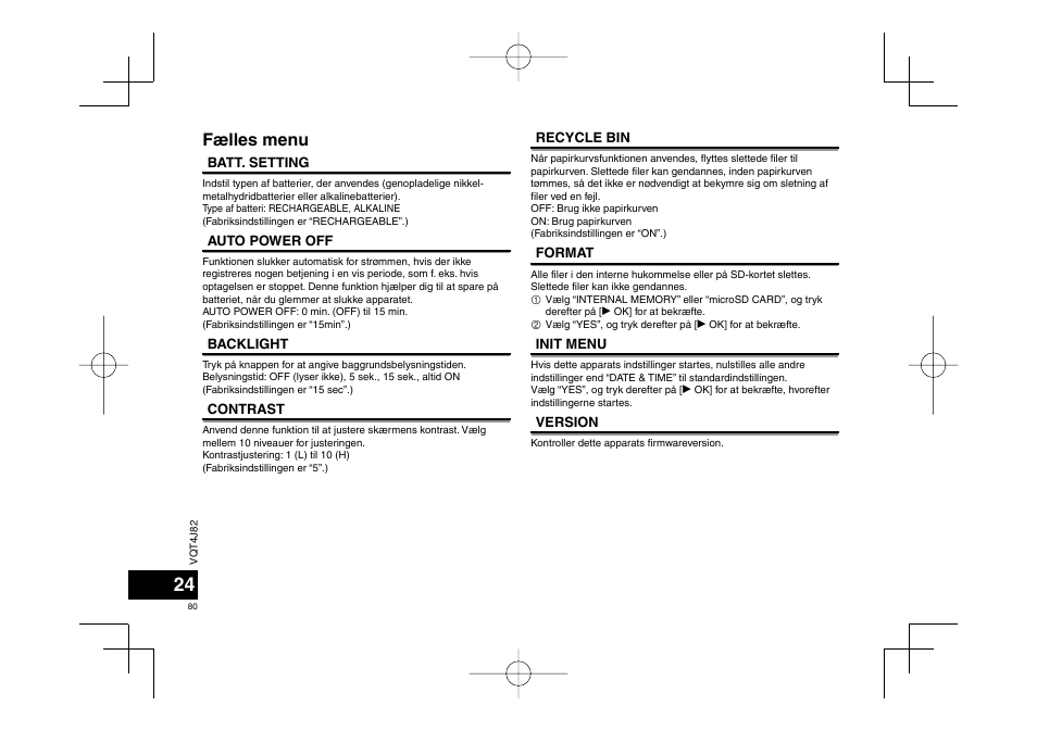 Fælles menu | Panasonic RRXS420E User Manual | Page 80 / 226