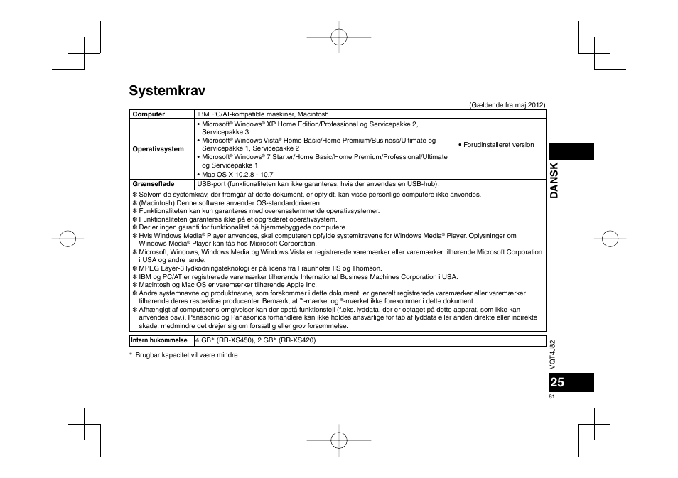 Systemkrav, Dansk | Panasonic RRXS420E User Manual | Page 81 / 226