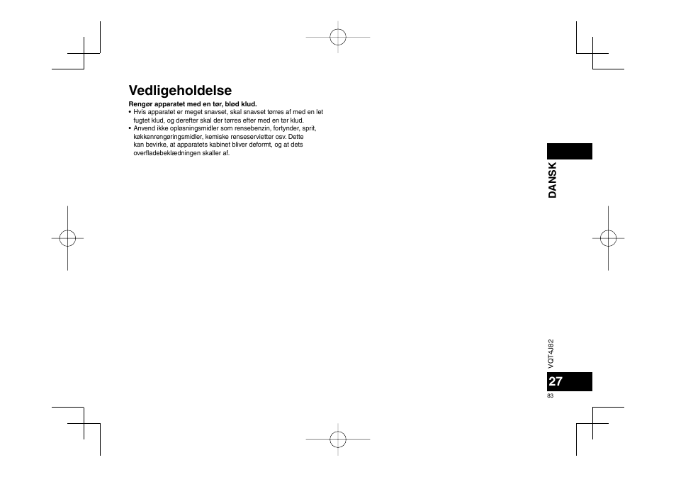 Vedligeholdelse | Panasonic RRXS420E User Manual | Page 83 / 226