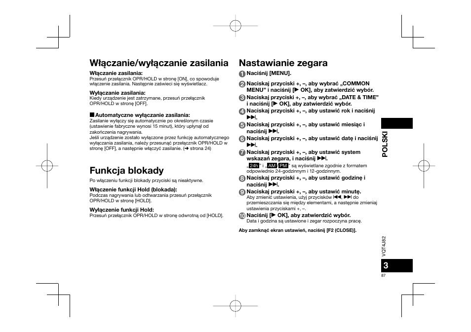 W³¹czanie/wy³¹czanie zasilania, Funkcja blokady, Nastawianie zegara | Panasonic RRXS420E User Manual | Page 87 / 226