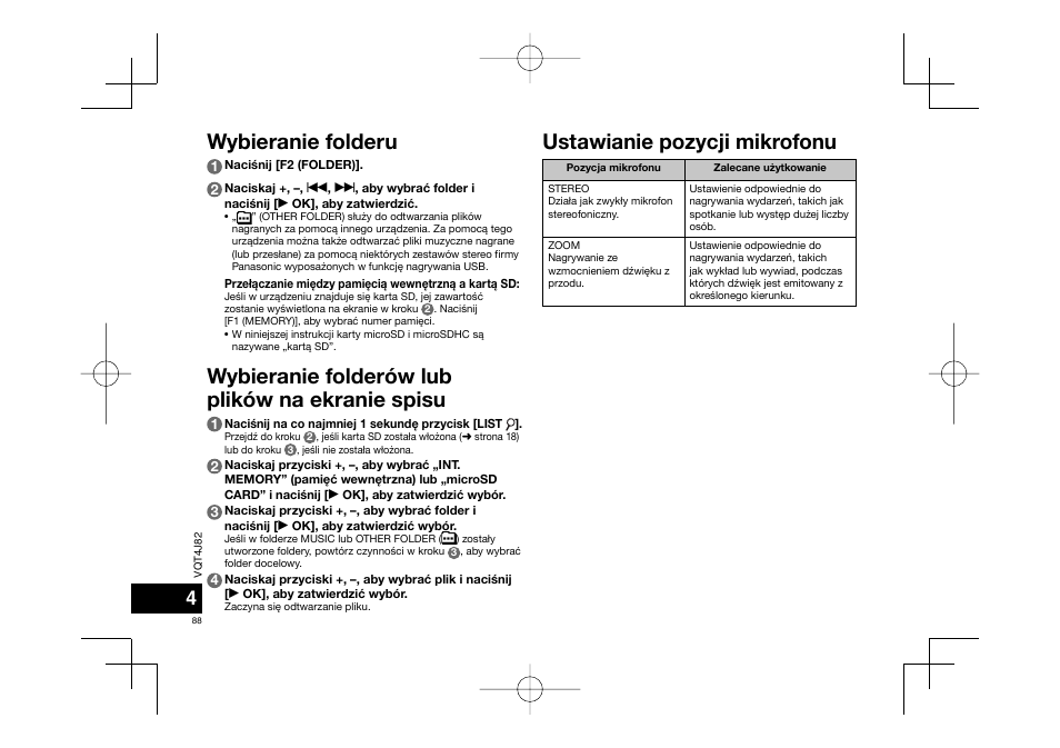 Wybieranie folderu, Wybieranie folderów lub plików na ekranie spisu, Ustawianie pozycji mikrofonu | Panasonic RRXS420E User Manual | Page 88 / 226