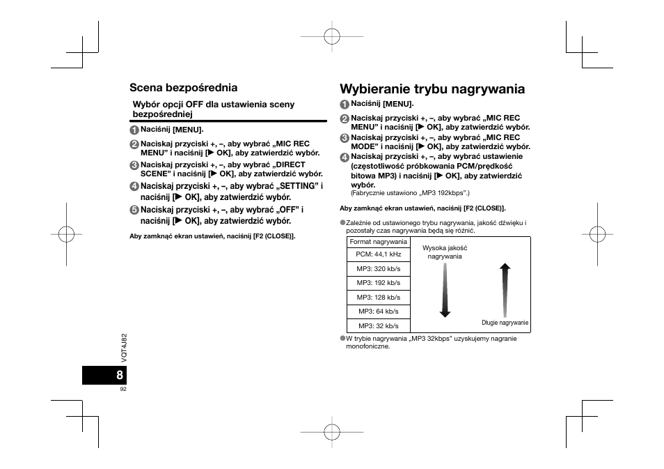 Wybieranie trybu nagrywania, Scena bezpośrednia | Panasonic RRXS420E User Manual | Page 92 / 226