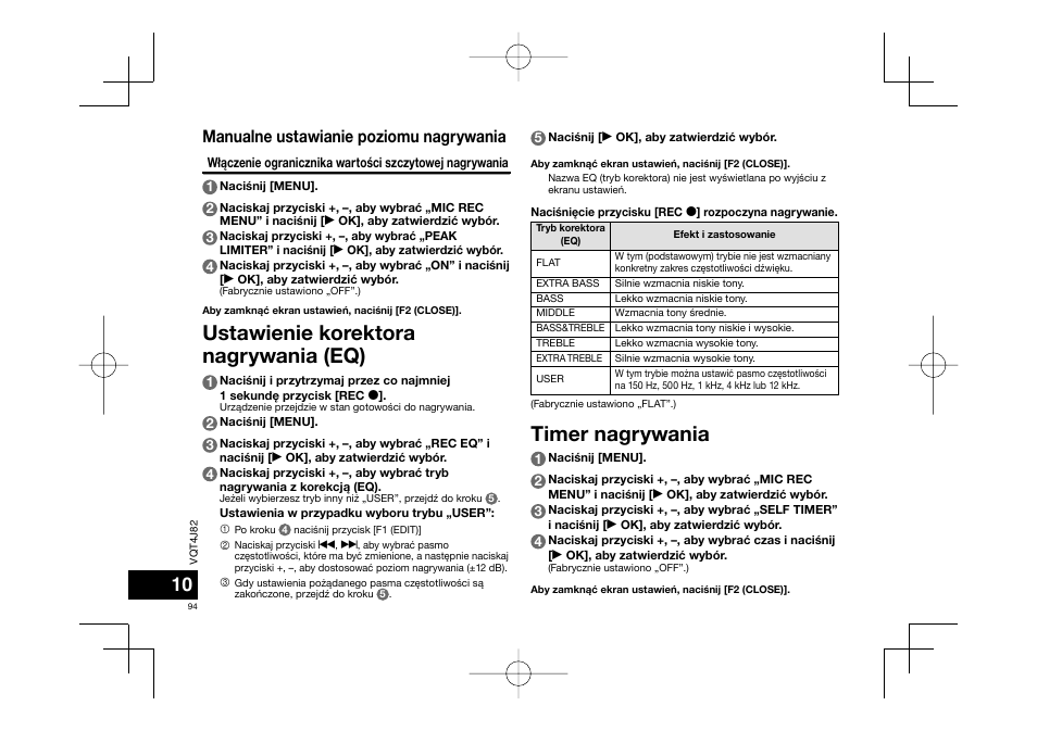 Timer nagrywania, Ustawienie korektora nagrywania (eq), Manualne ustawianie poziomu nagrywania | Panasonic RRXS420E User Manual | Page 94 / 226