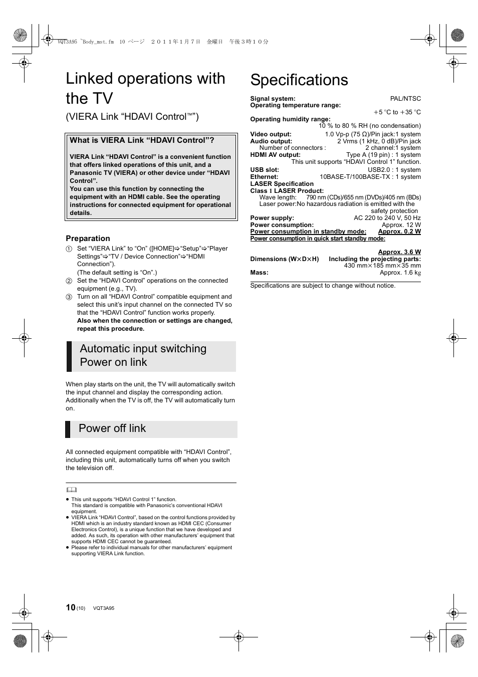 Linked operations with the tv, Specifications, Viera link “hdavi control | Panasonic DMPBD75EG User Manual | Page 10 / 112
