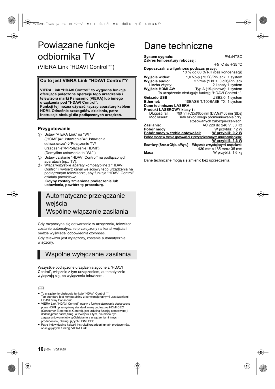 Powiązane funkcje odbiornika tv, Dane techniczne, Viera link “hdavi control | Panasonic DMPBD75EG User Manual | Page 100 / 112