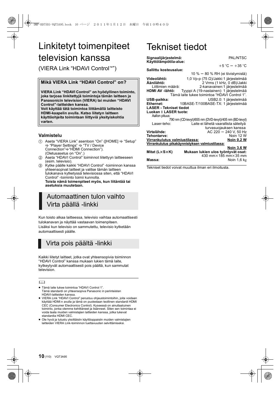 Linkitetyt toimenpiteet television kanssa, Tekniset tiedot, Viera link “hdavi control | Panasonic DMPBD75EG User Manual | Page 110 / 112