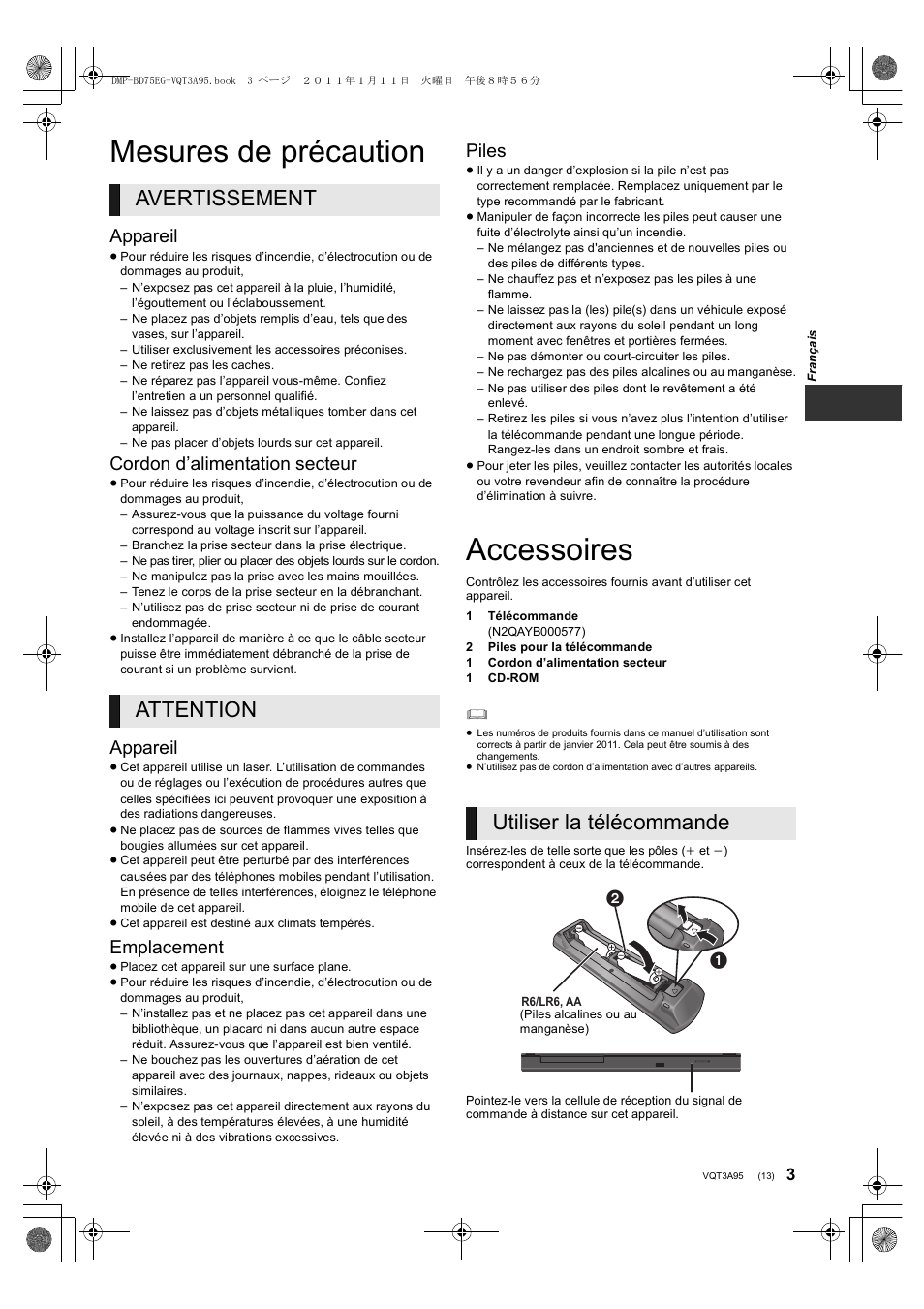 Mesures de précaution, Accessoires, Avertissement attention | Utiliser la télécommande, Appareil, Cordon d’alimentation secteur, Emplacement, Piles | Panasonic DMPBD75EG User Manual | Page 13 / 112