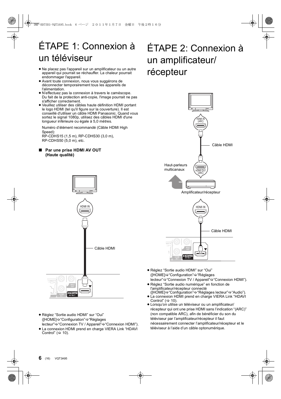 Étape 1: connexion à un téléviseur, Étape 2: connexion à un amplificateur/ récepteur | Panasonic DMPBD75EG User Manual | Page 16 / 112
