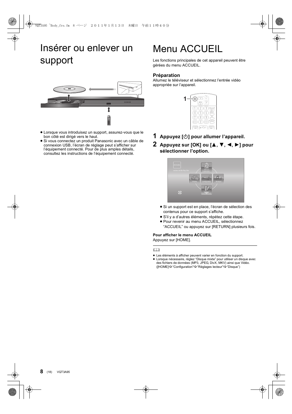 Insérer ou enlever un support, Menu accueil | Panasonic DMPBD75EG User Manual | Page 18 / 112