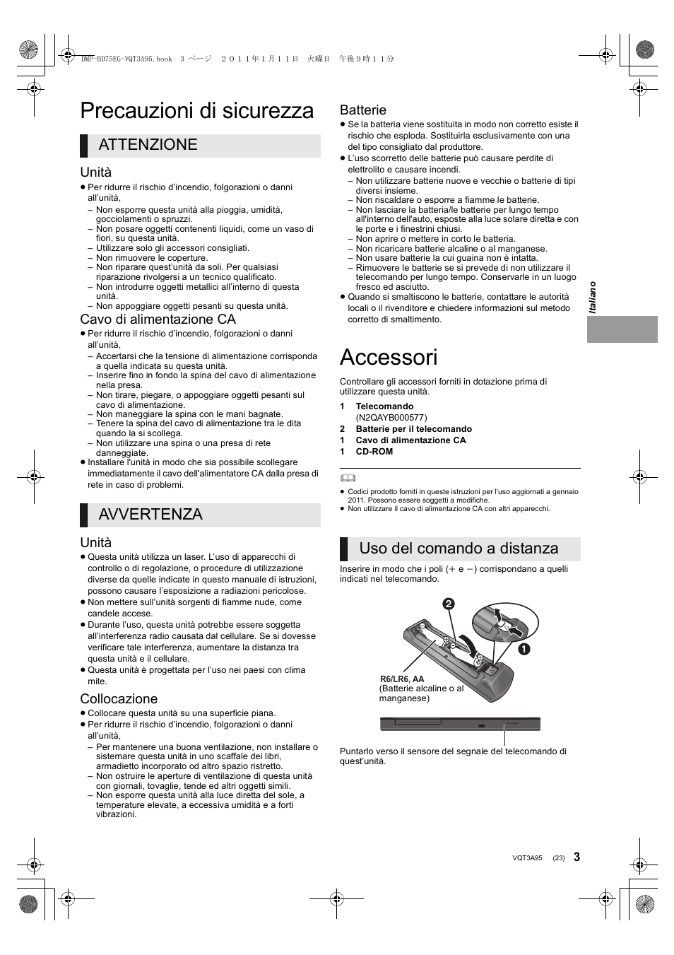 Precauzioni di sicurezza, Accessori, Attenzione avvertenza | Uso del comando a distanza, Unità, Cavo di alimentazione ca, Collocazione, Batterie | Panasonic DMPBD75EG User Manual | Page 23 / 112
