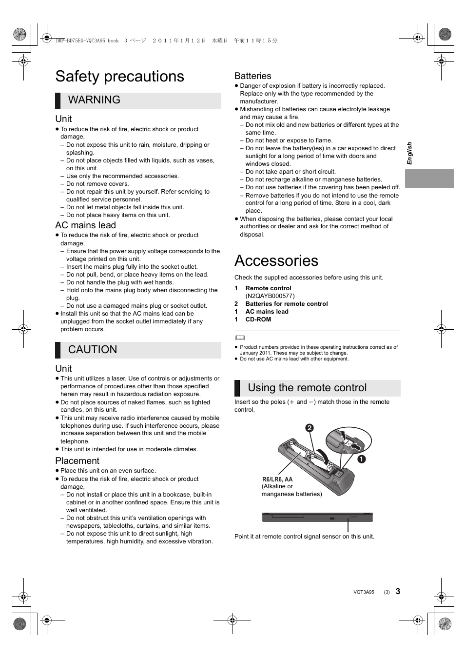 Safety precautions, Accessories, Warning caution | Using the remote control, Unit, Ac mains lead, Placement, Batteries | Panasonic DMPBD75EG User Manual | Page 3 / 112