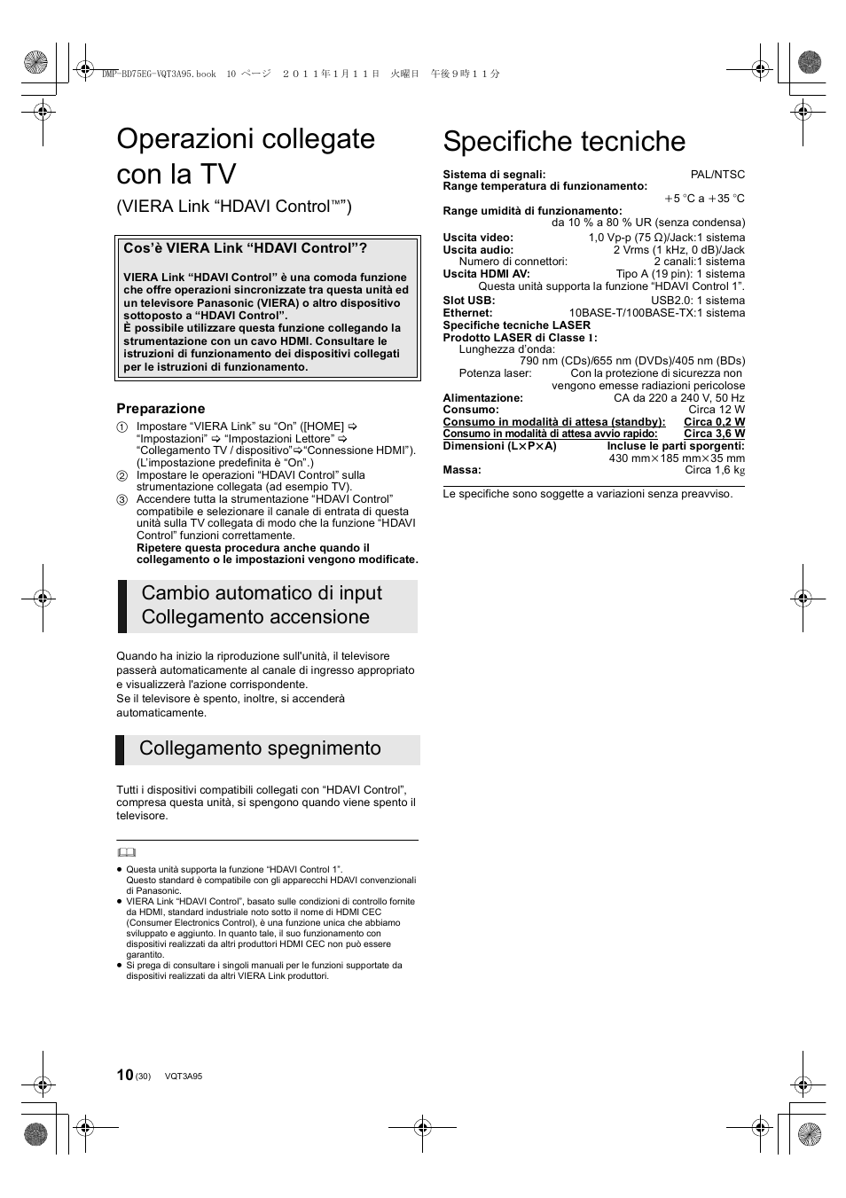 Operazioni collegate con la tv, Specifiche tecniche, Viera link “hdavi control | Panasonic DMPBD75EG User Manual | Page 30 / 112