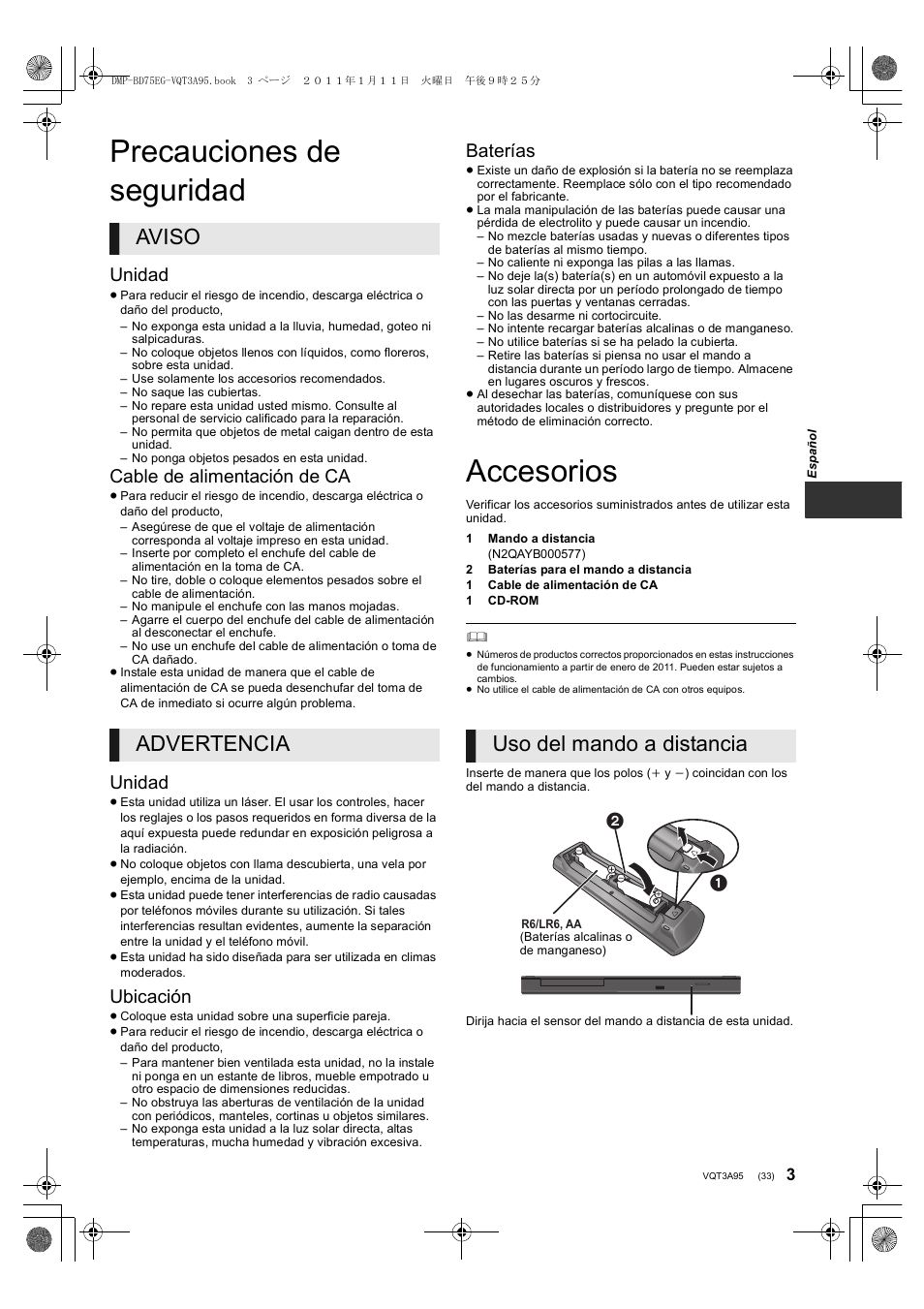 Precauciones de seguridad, Accesorios, Aviso advertencia | Uso del mando a distancia, Unidad, Cable de alimentación de ca, Ubicación, Baterías | Panasonic DMPBD75EG User Manual | Page 33 / 112