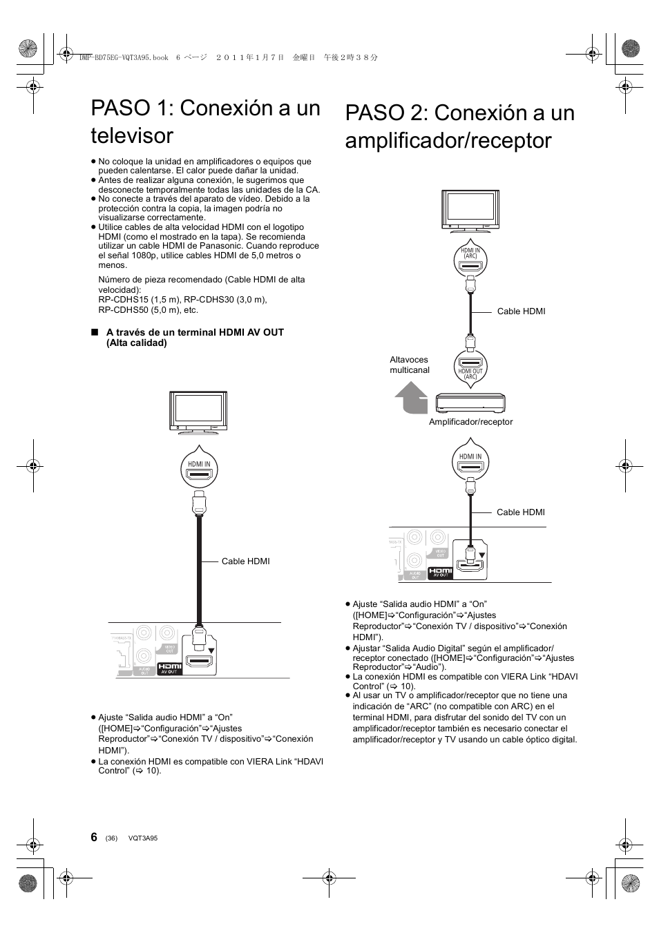 Paso 1: conexión a un televisor, Paso 2: conexión a un amplificador/receptor | Panasonic DMPBD75EG User Manual | Page 36 / 112