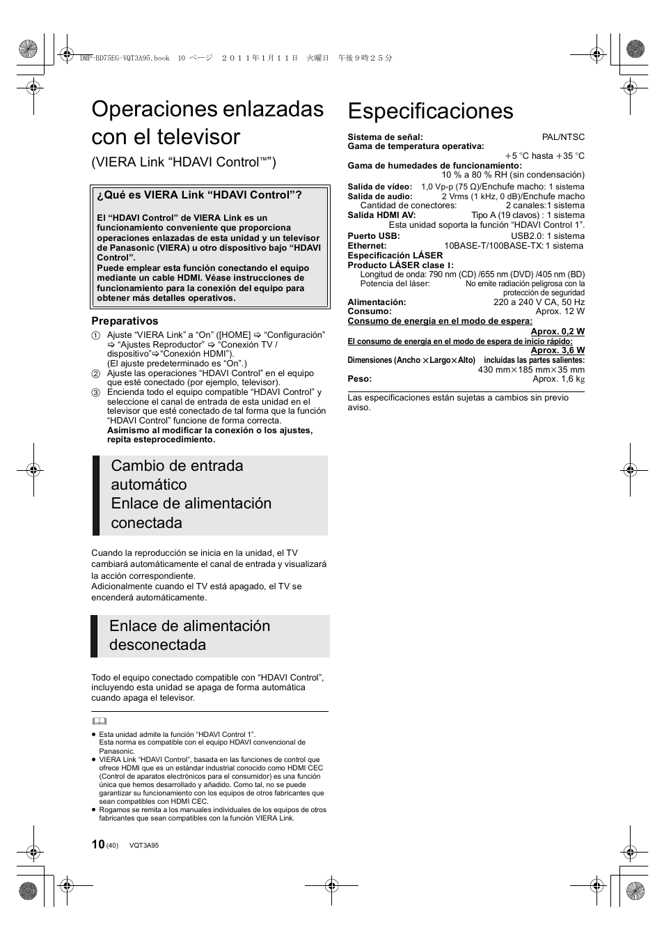 Operaciones enlazadas con el televisor, Especificaciones, Viera link “hdavi control | Panasonic DMPBD75EG User Manual | Page 40 / 112