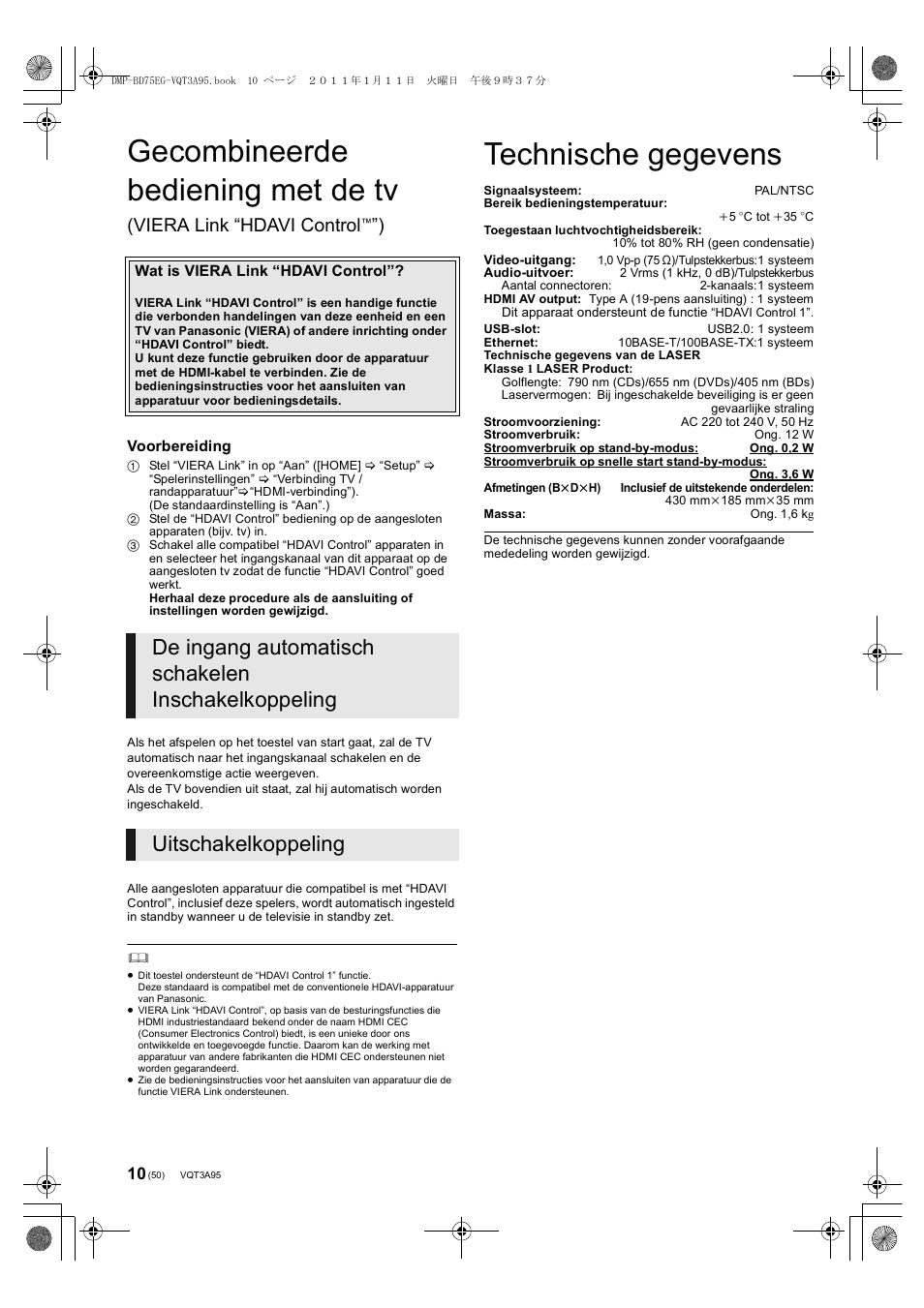 Gecombineerde bediening met de tv, Technische gegevens, Viera link “hdavi control | Panasonic DMPBD75EG User Manual | Page 50 / 112
