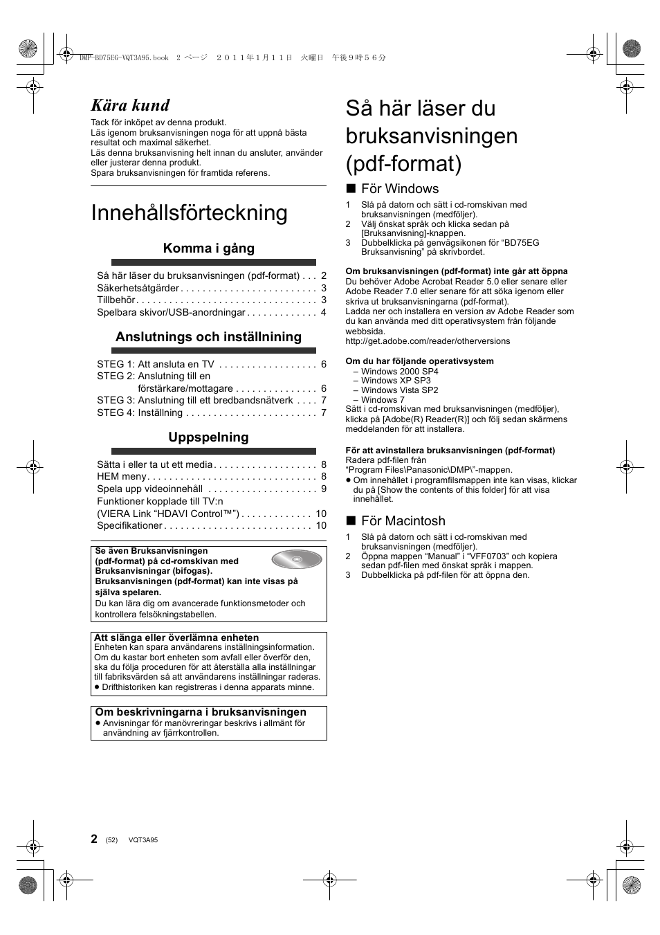 Innehållsförteckning, Så här läser du bruksanvisningen (pdf-format), Kära kund | Komma i gång, Anslutnings och inställnining, Uppspelning, För windows, För macintosh | Panasonic DMPBD75EG User Manual | Page 52 / 112