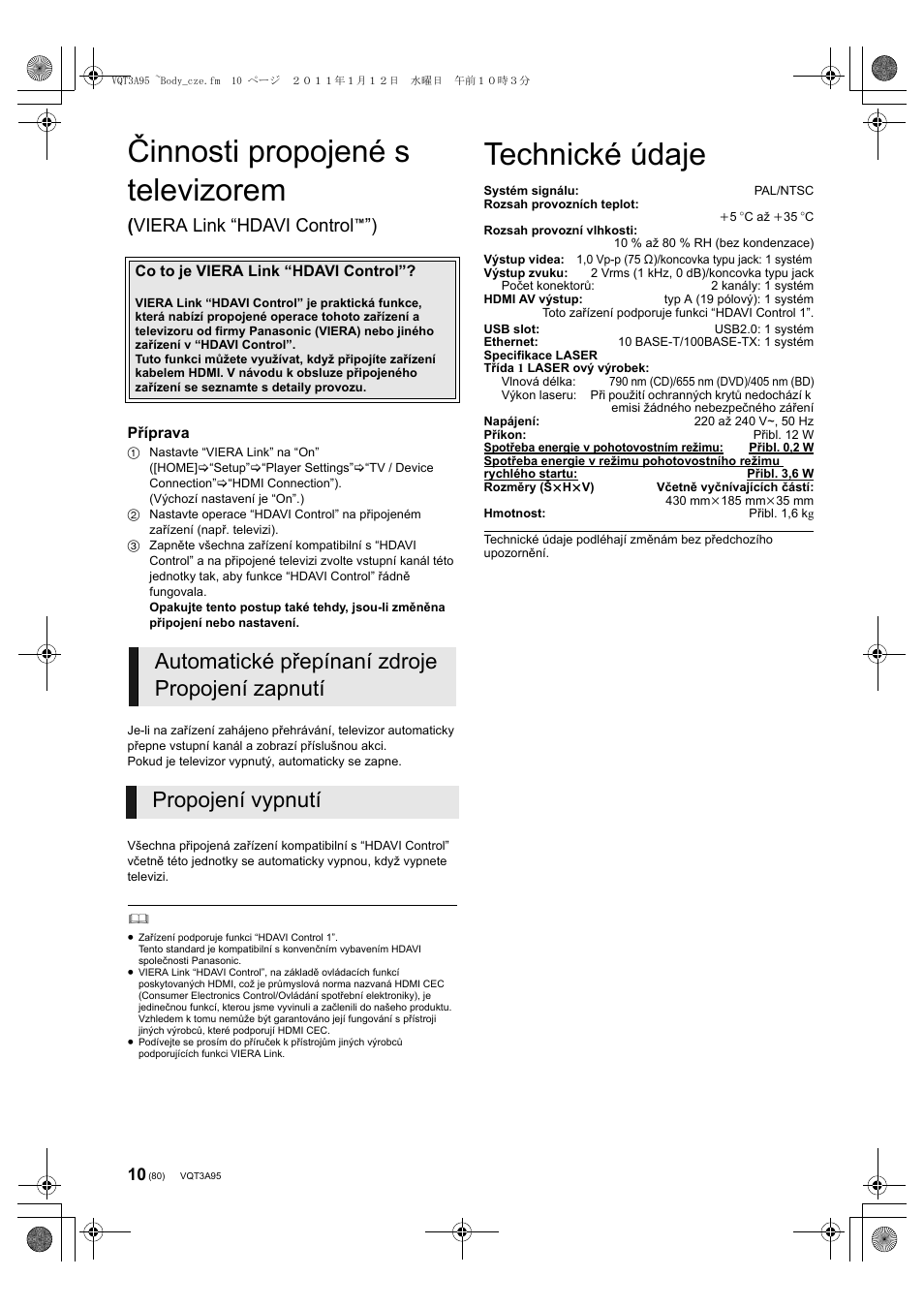 Činnosti propojené s televizorem, Technické údaje, Viera link “hdavi control | Panasonic DMPBD75EG User Manual | Page 80 / 112