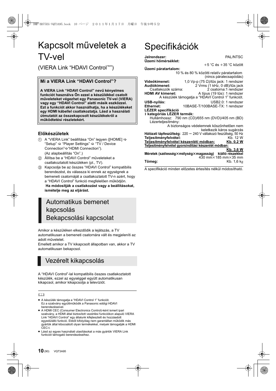 Kapcsolt műveletek a tv-vel, Specifikációk, Viera link “hdavi control | Panasonic DMPBD75EG User Manual | Page 90 / 112
