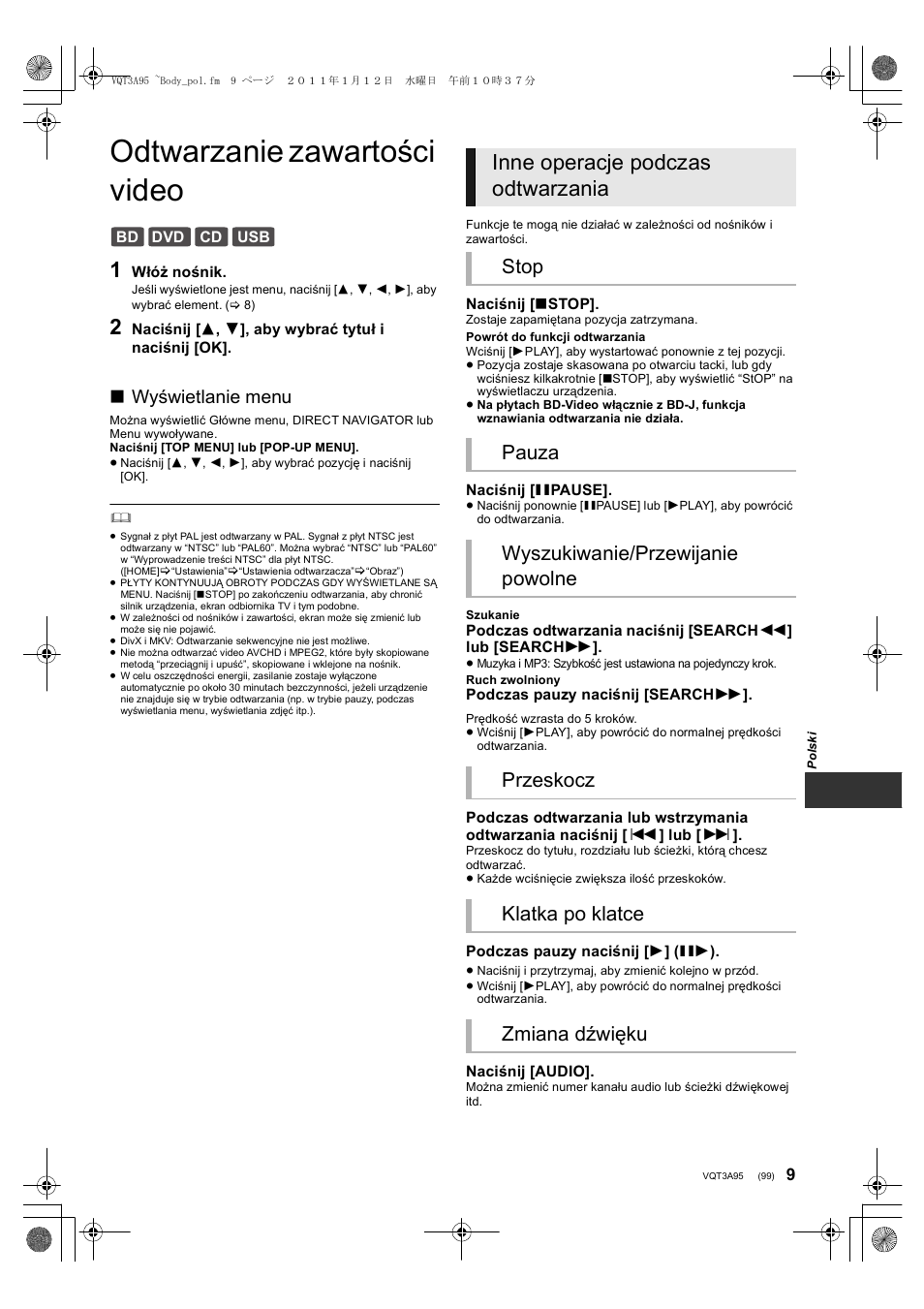 Odtwarzanie zawartości video, Inne operacje podczas odtwarzania, Wyświetlanie menu | Panasonic DMPBD75EG User Manual | Page 99 / 112