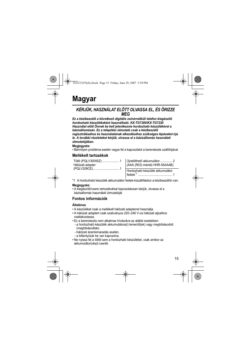 Magyar, Kérjük, használat előtt olvassa el, és őrizze meg | Panasonic KXTGA721FX User Manual | Page 15 / 40