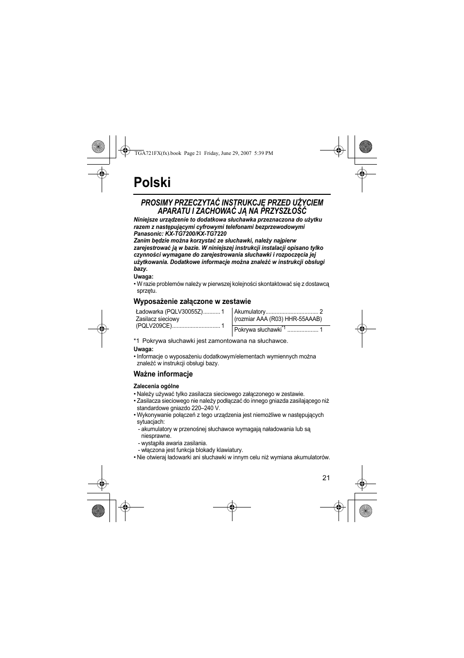 Polski | Panasonic KXTGA721FX User Manual | Page 21 / 40