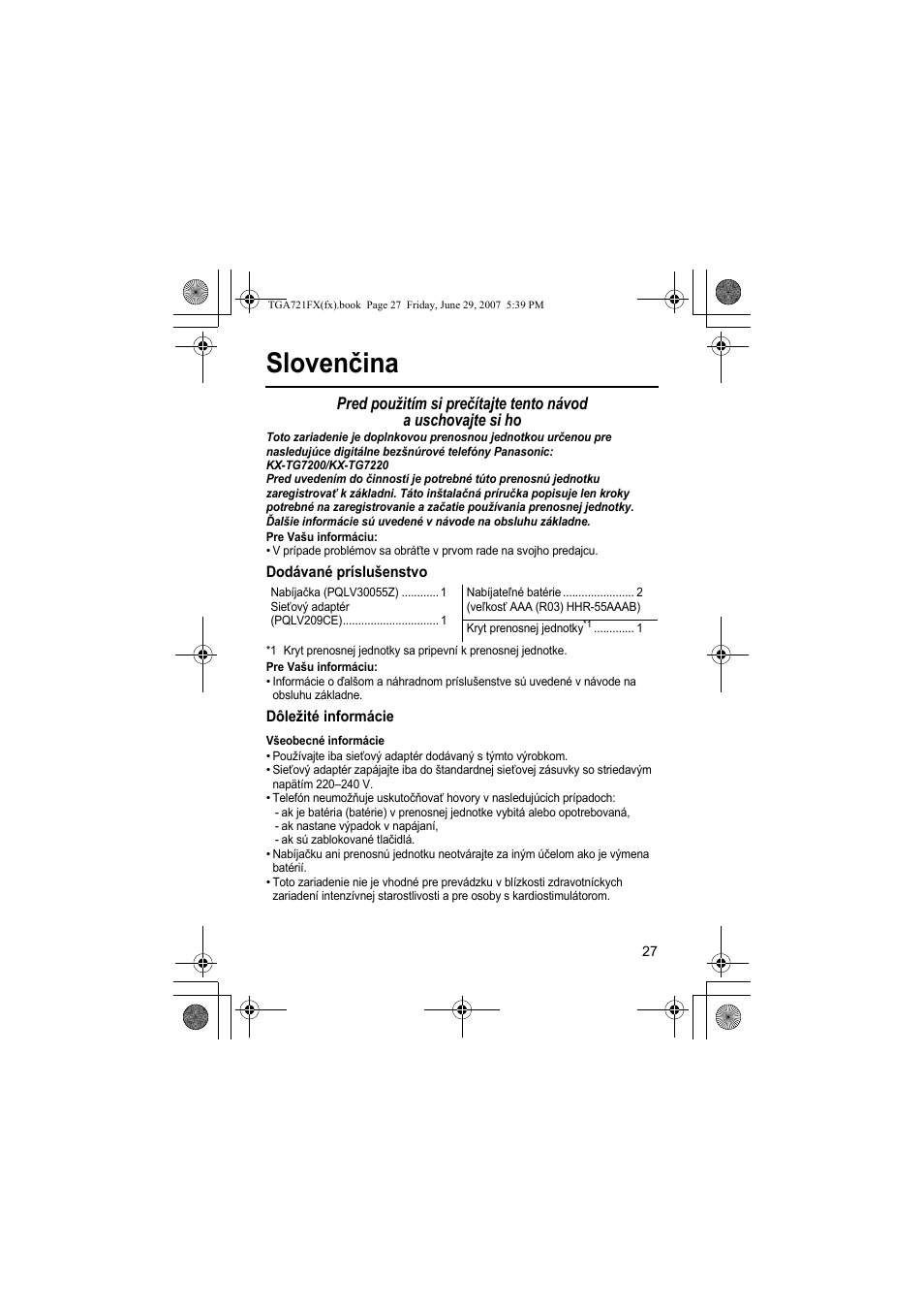 Slovenčina | Panasonic KXTGA721FX User Manual | Page 27 / 40