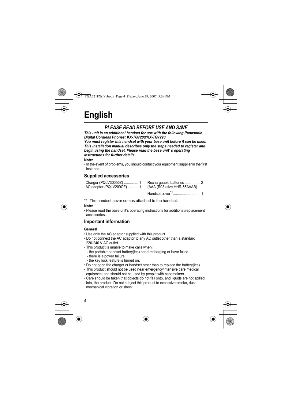 English, Please read before use and save | Panasonic KXTGA721FX User Manual | Page 4 / 40