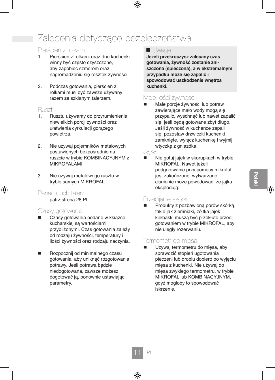 Zalecenia dotyczące bezpieczeństwa, Pierścień z rolkami, Ruszt | Panacrunch talerz, Czasy gotowania, Uwaga, Małe ilości żywności, Jajka, Przebijanie skórki, Termometr do mięsa | Panasonic NNGD462M User Manual | Page 13 / 34