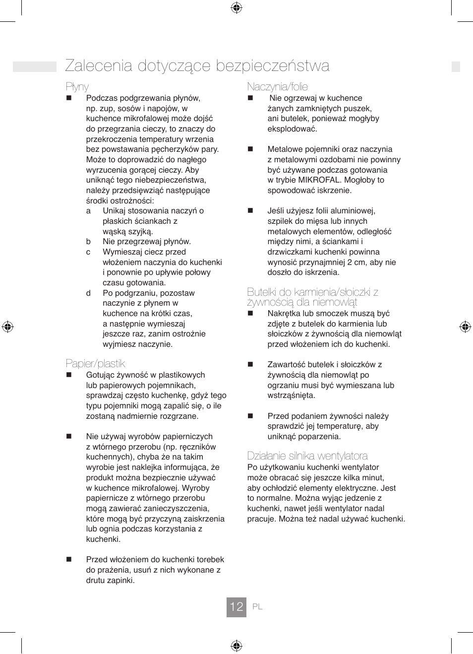 Zalecenia dotyczące bezpieczeństwa, Płyny, Papier/plastik | Naczynia/folie, Działanie silnika wentylatora | Panasonic NNGD462M User Manual | Page 14 / 34