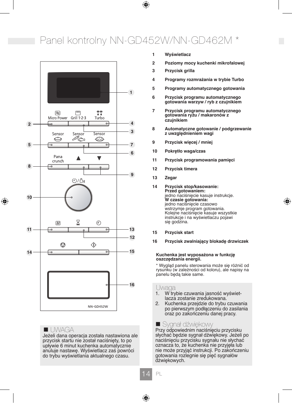 Uwaga, Sygnał dźwiękowy | Panasonic NNGD462M User Manual | Page 16 / 34